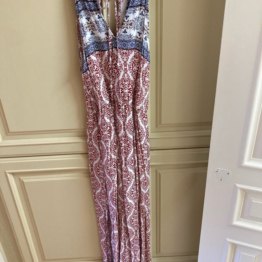 XS Bohemian Halter Maxi Dress with Red and Blue Patterns